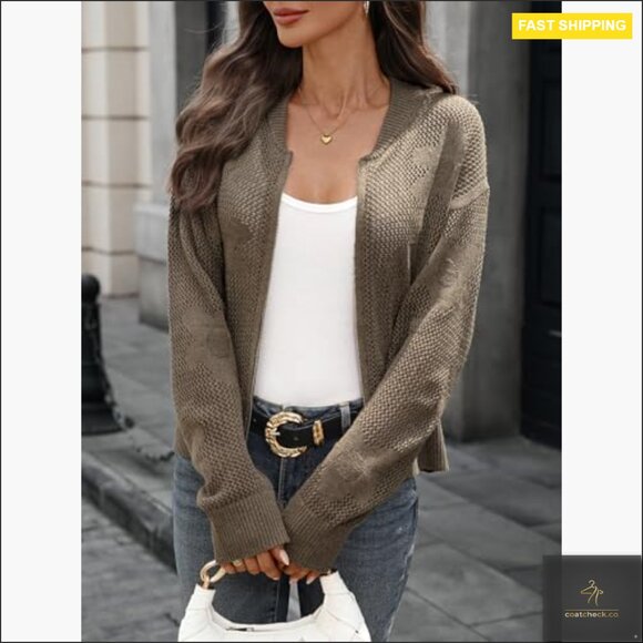 Crochet Cardigan Zipper Sweater Jacket Long Sleeve Ribbed Bomber - Picture 6 of 7